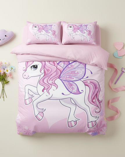 pink fairy unicorn bedding - flat-lay