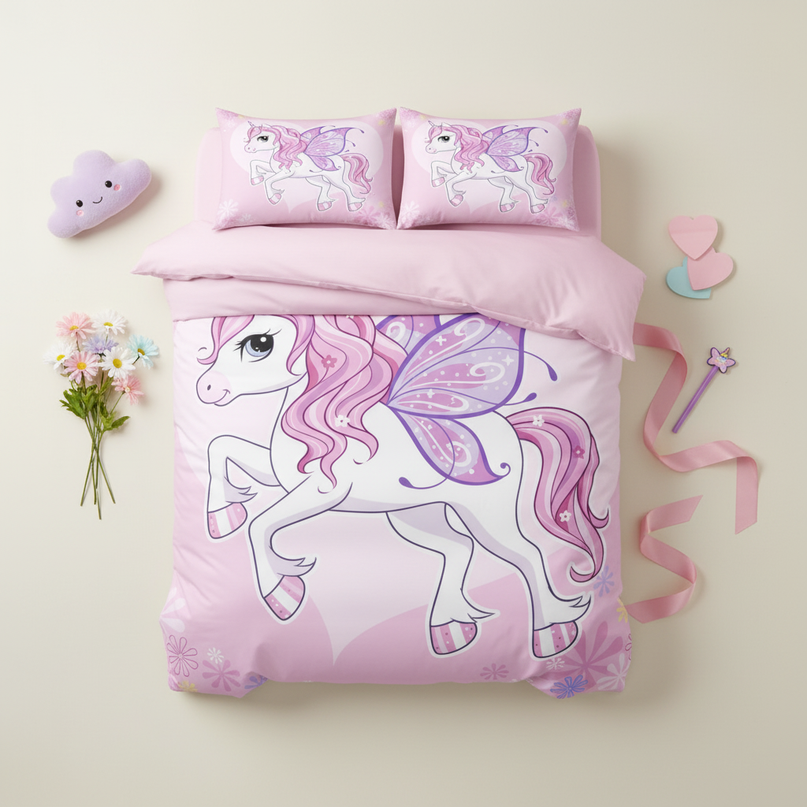pink fairy unicorn bedding - flat-lay