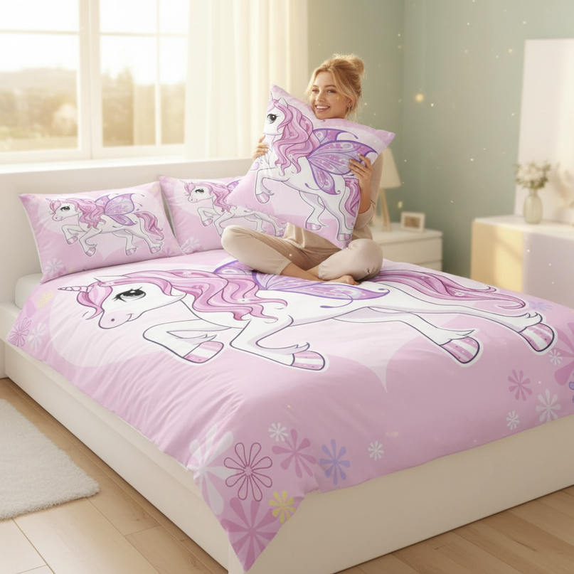 pink fairy unicorn bedding - in-use