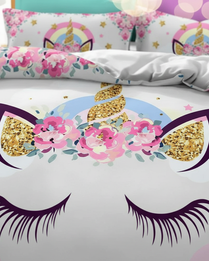 pink floral face unicorn bedding - detail