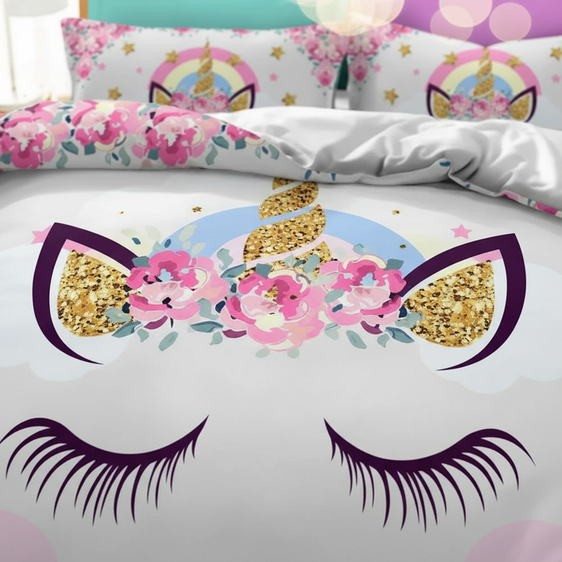 pink floral face unicorn bedding - detail