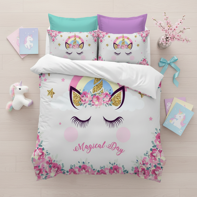 pink floral face unicorn bedding - flat-lay