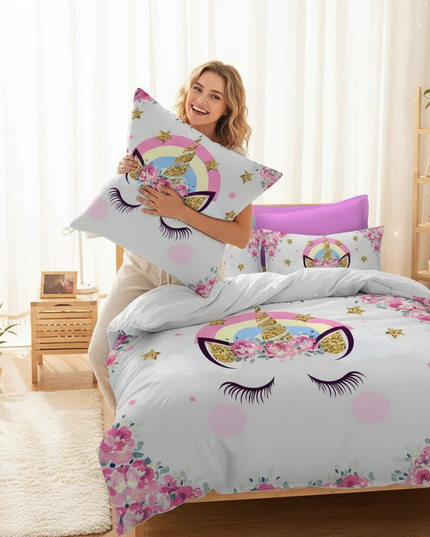 pink floral face unicorn bedding - in-use