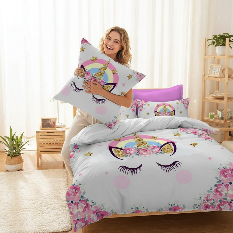 pink floral face unicorn bedding - in-use