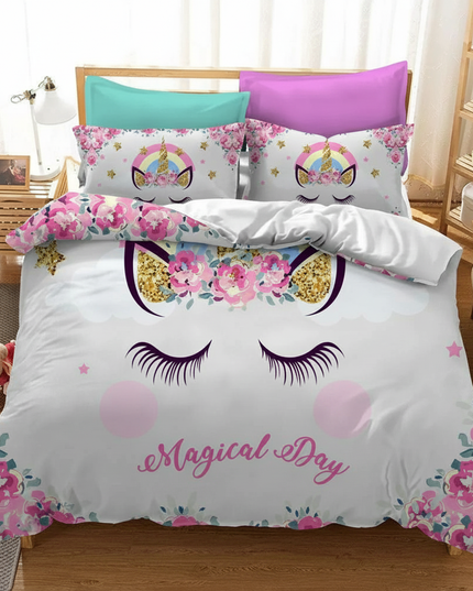 pink floral face unicorn bedding - lifestyle