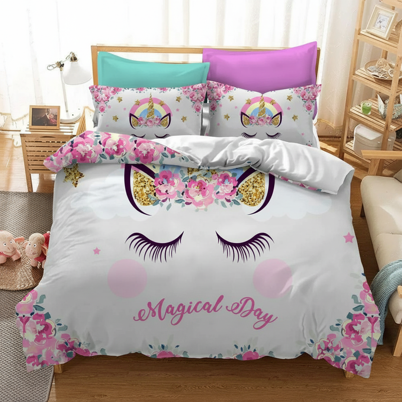 pink floral face unicorn bedding - lifestyle