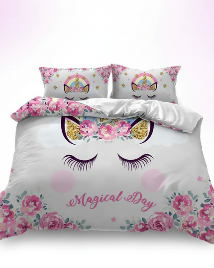 pink floral face unicorn bedding - white-bg