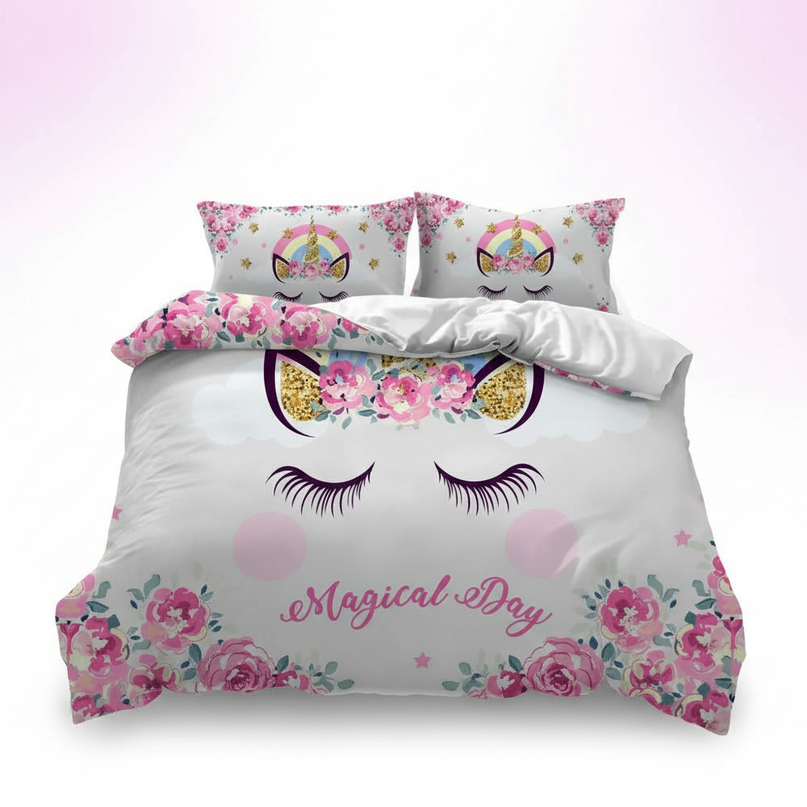 pink floral face unicorn bedding - white-bg