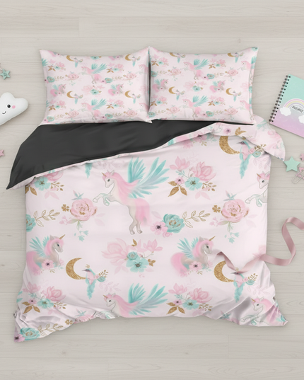 pink floral moon pegasus unicorn bedding - flat-lay