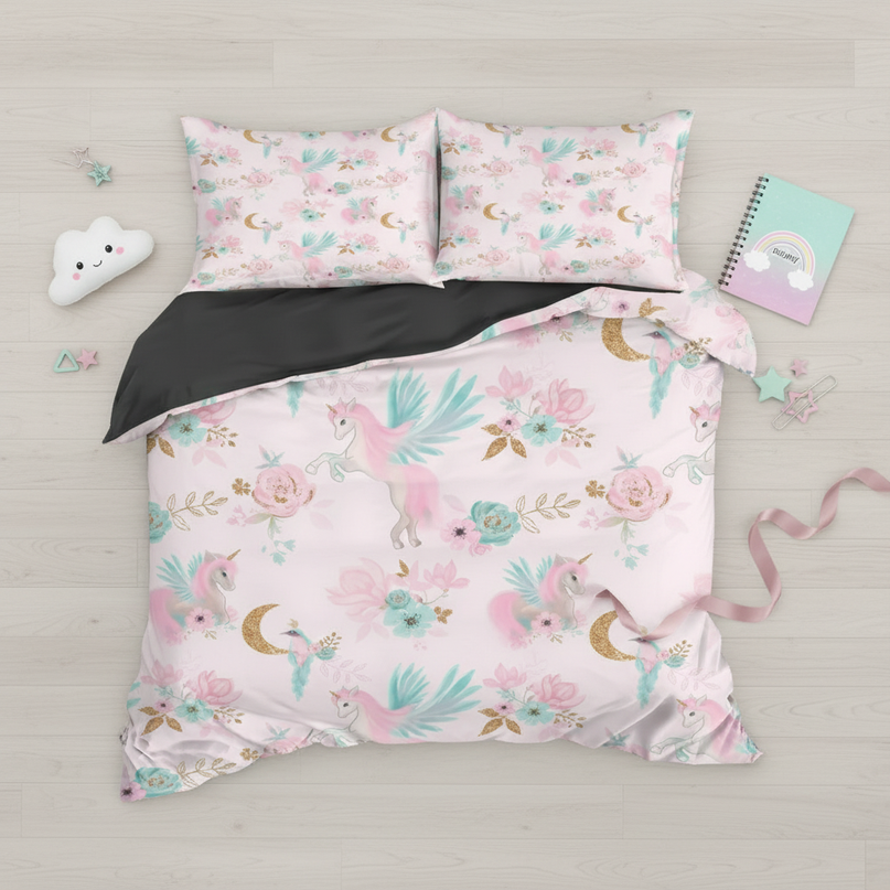 pink floral moon pegasus unicorn bedding - flat-lay