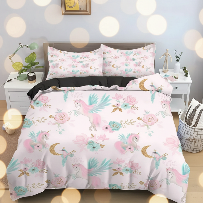 pink floral moon pegasus unicorn bedding - lifestyle