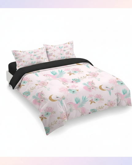 pink floral moon pegasus unicorn bedding - white-bg