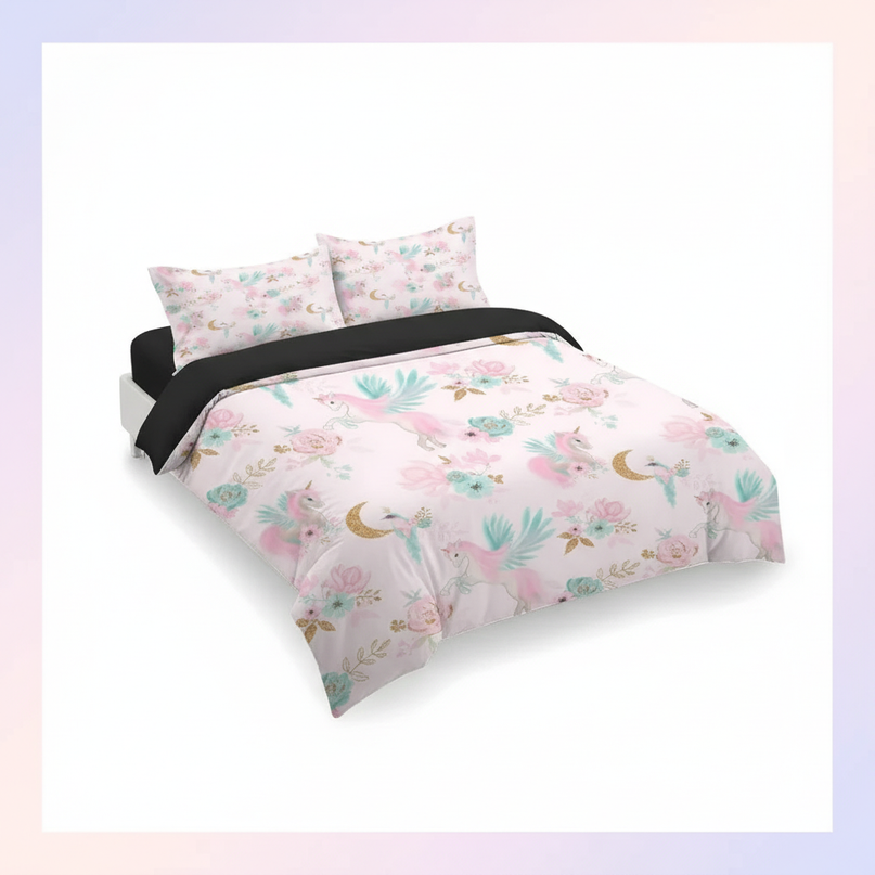 pink floral moon pegasus unicorn bedding - white-bg