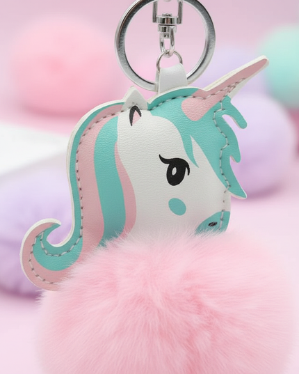 pink fluffy unicorn keychain - detail