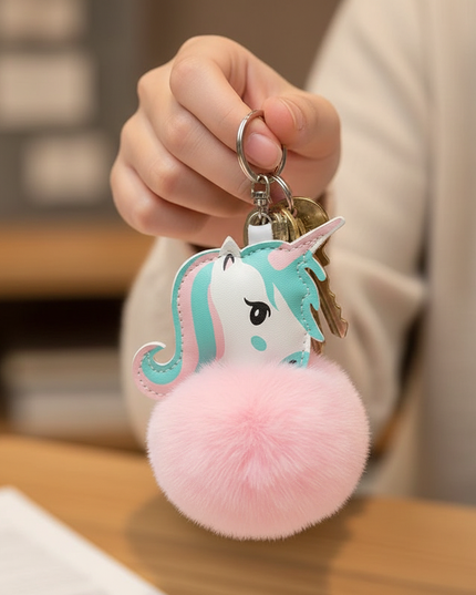 pink fluffy unicorn keychain - in-use