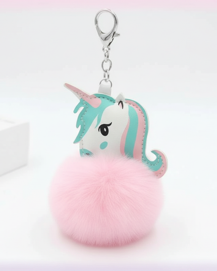 pink fluffy unicorn keychain - white-bg