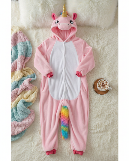 pink fluffy unicorn onesie - flat-lay
