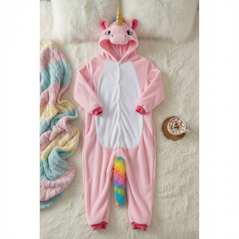 pink fluffy unicorn onesie - flat-lay
