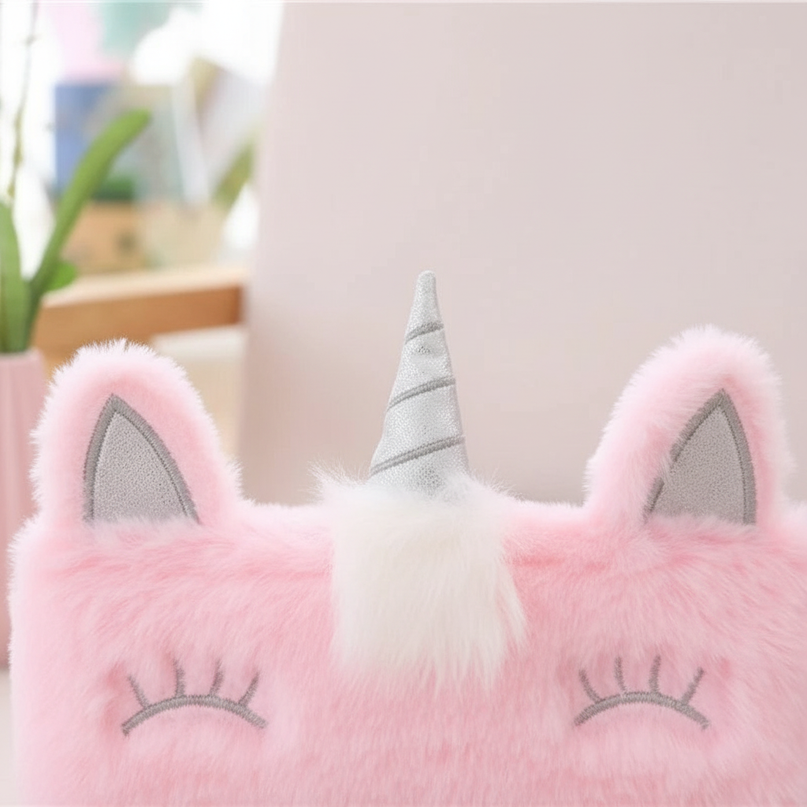 pink fluffy unicorn pencil case - detail