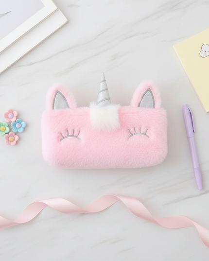 pink fluffy unicorn pencil case - flat-lay