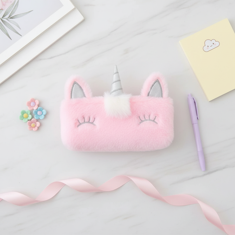 pink fluffy unicorn pencil case - flat-lay