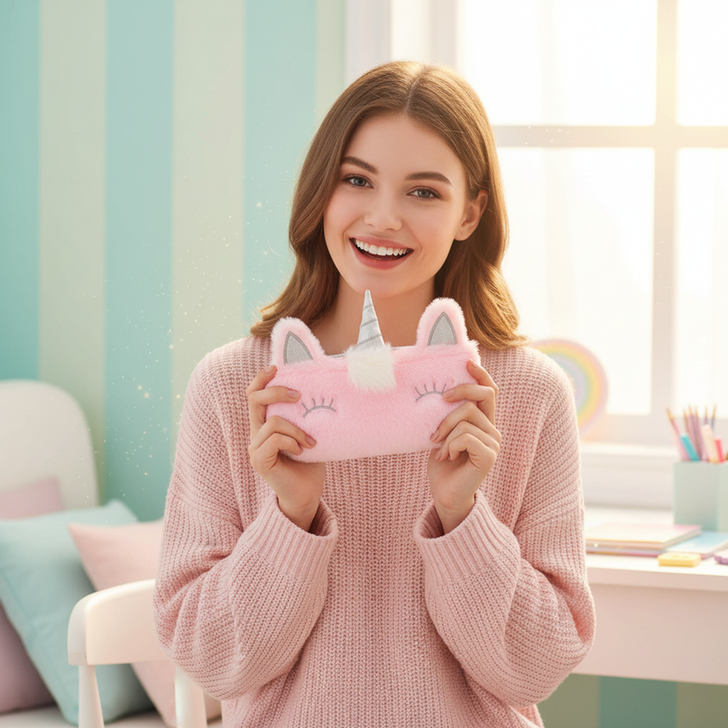 pink fluffy unicorn pencil case - in-use