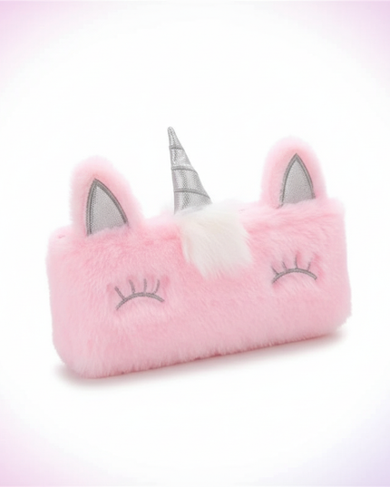 pink fluffy unicorn pencil case - white-bg