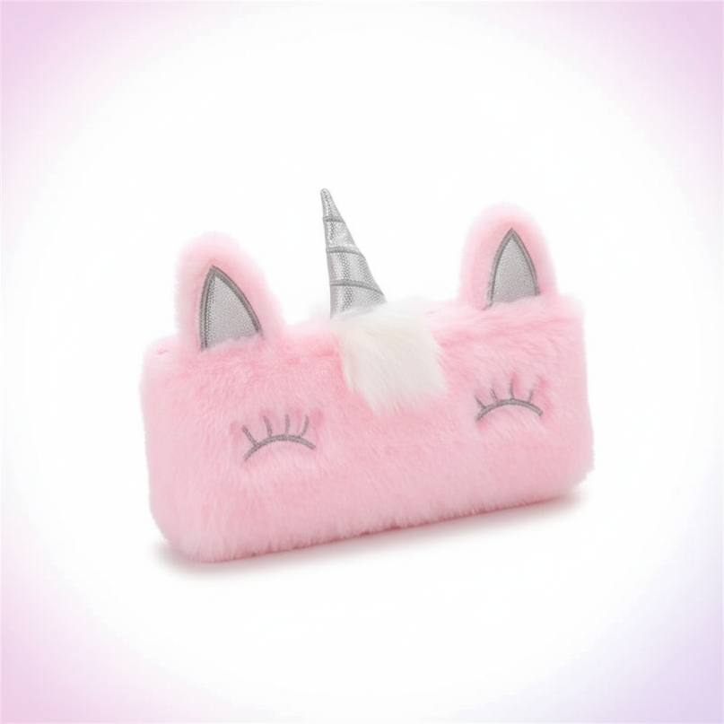 pink fluffy unicorn pencil case - white-bg
