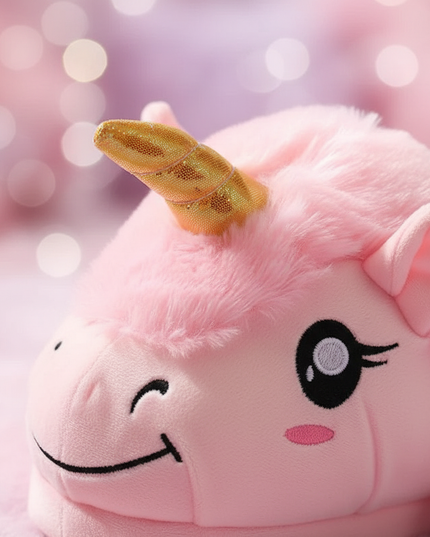 pink fluffy unicorn slippers - detail