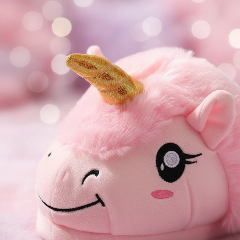 pink fluffy unicorn slippers - detail