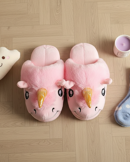 pink fluffy unicorn slippers - flat-lay