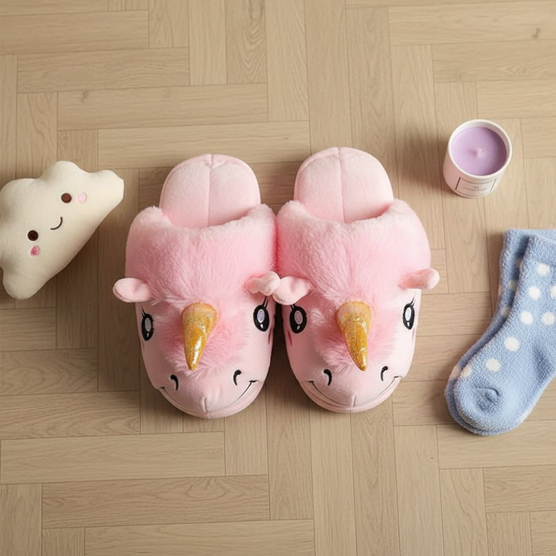 pink fluffy unicorn slippers - flat-lay