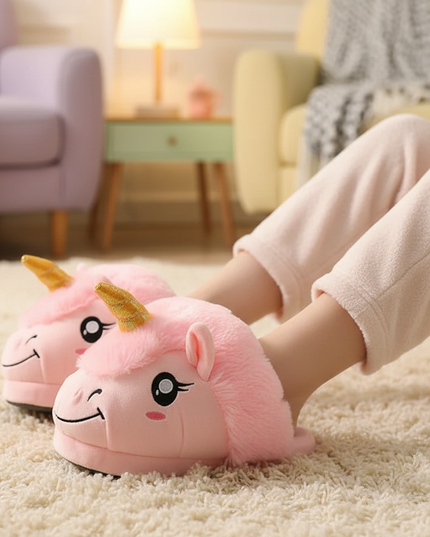 pink fluffy unicorn slippers - in-use