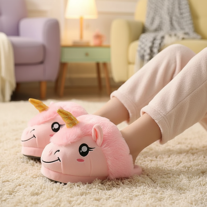 pink fluffy unicorn slippers - in-use
