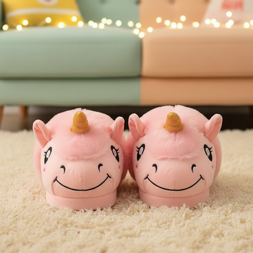 pink fluffy unicorn slippers - lifestyle