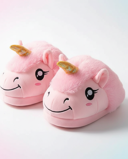 pink fluffy unicorn slippers - white-bg