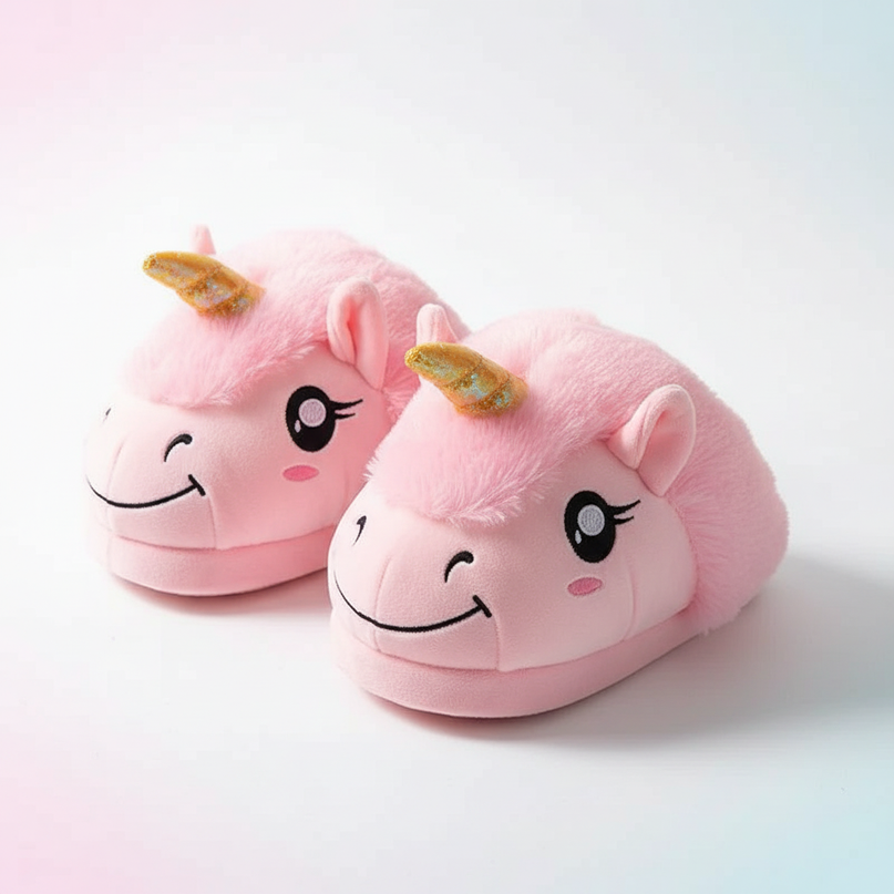 pink fluffy unicorn slippers - white-bg