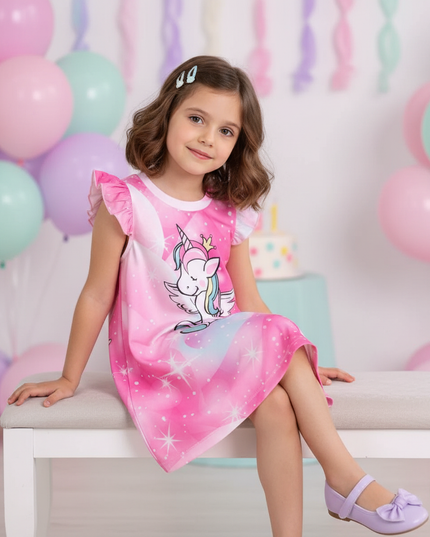 pink galaxy unicorn print dress - sitting