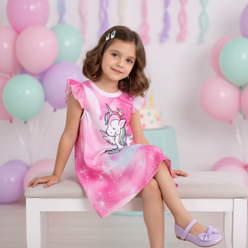 pink galaxy unicorn print dress - sitting