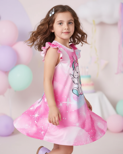 pink galaxy unicorn print dress - three-quarter