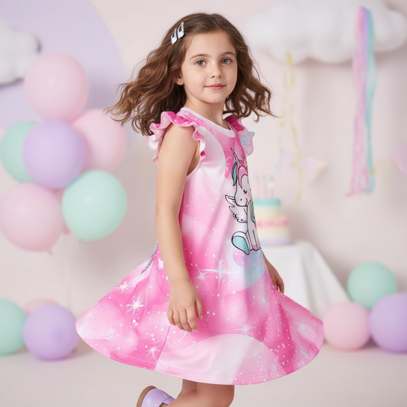 pink galaxy unicorn print dress - three-quarter