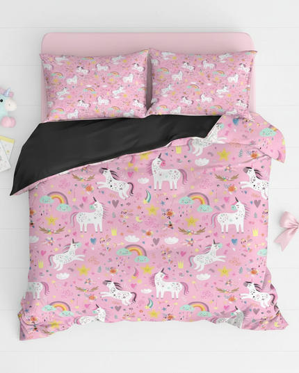 pink garden allover unicorn bedding - flat-lay