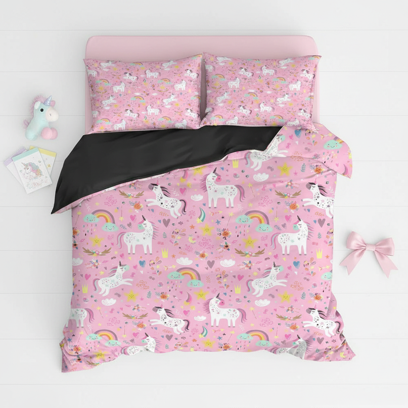 pink garden allover unicorn bedding - flat-lay