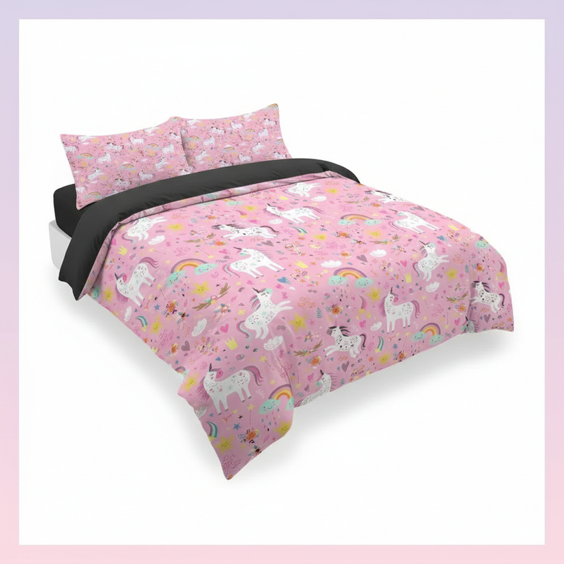 pink garden allover unicorn bedding - white-bg
