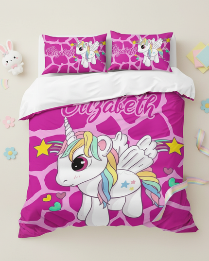 pink giraffe print unicorn bedding - flat-lay