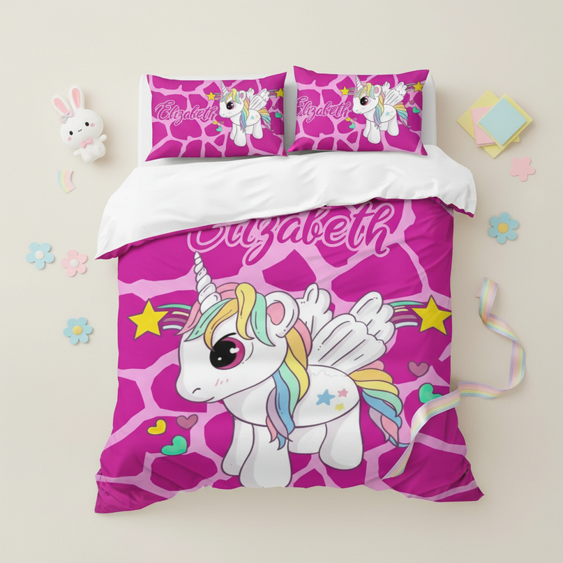 pink giraffe print unicorn bedding - flat-lay