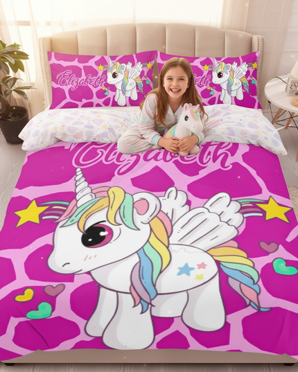 pink giraffe print unicorn bedding - in-use