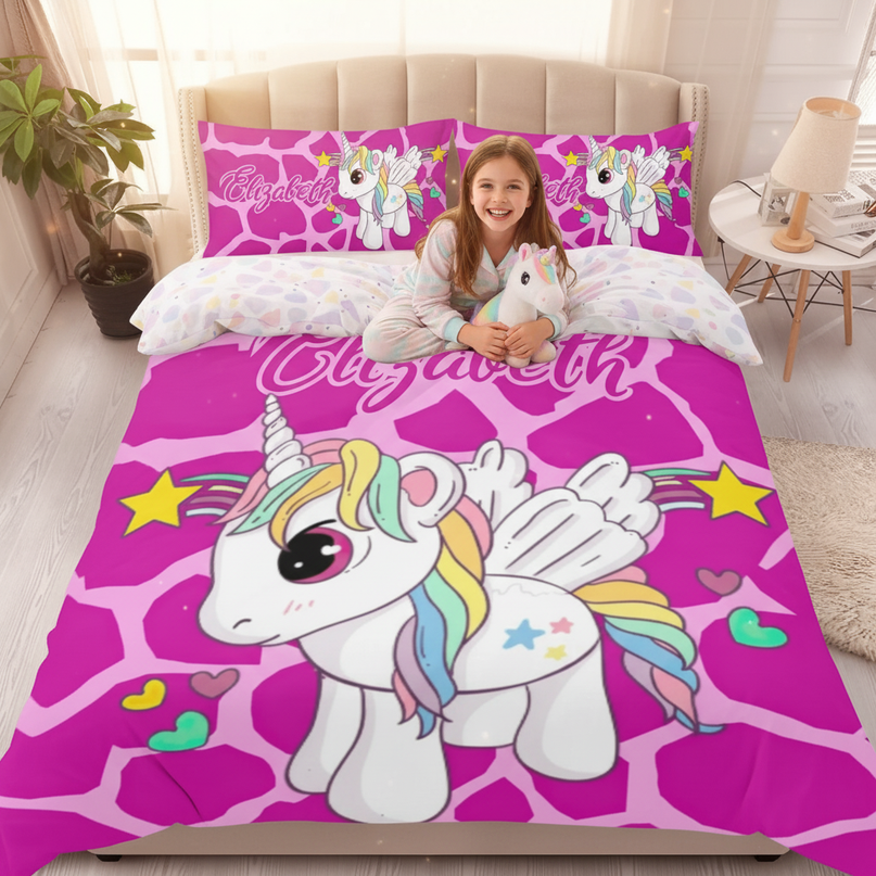 pink giraffe print unicorn bedding - in-use