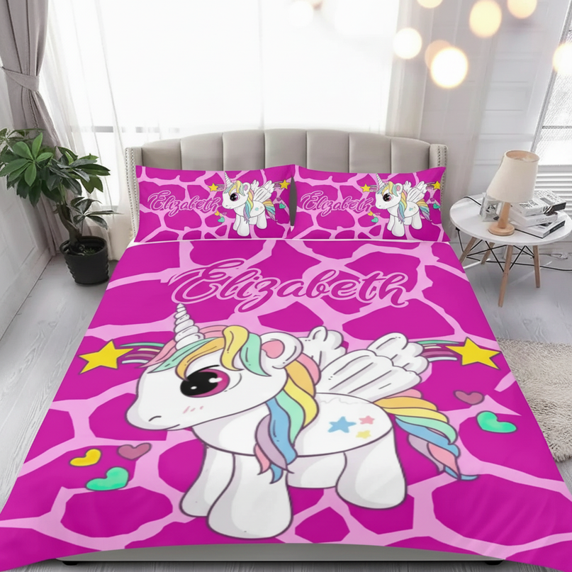 pink giraffe print unicorn bedding - lifestyle