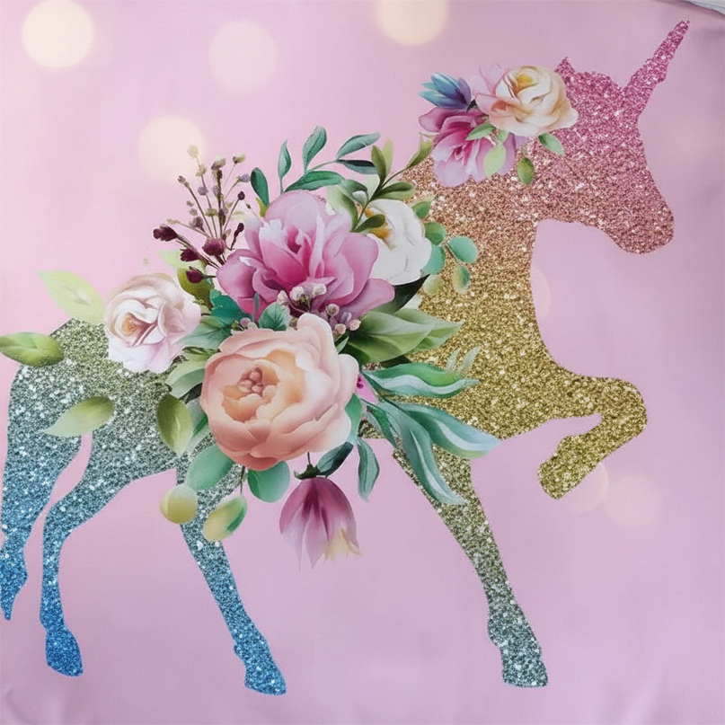 pink glitter silhouette unicorn bedding - detail